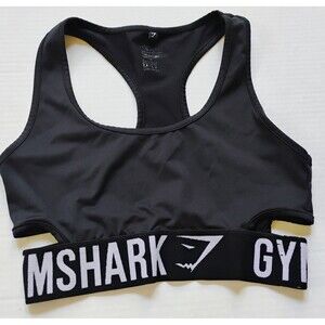 Gymshark Sports Bra Black Cropped Racerback Elastic Band Logo Womens XS/S Gym...
